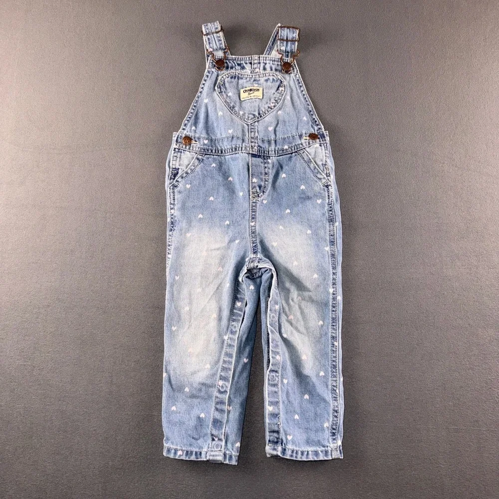 OshKosh Bgosh Girls 24M Blue Denim Heart Print Bib Overalls Light Wash 1K338210